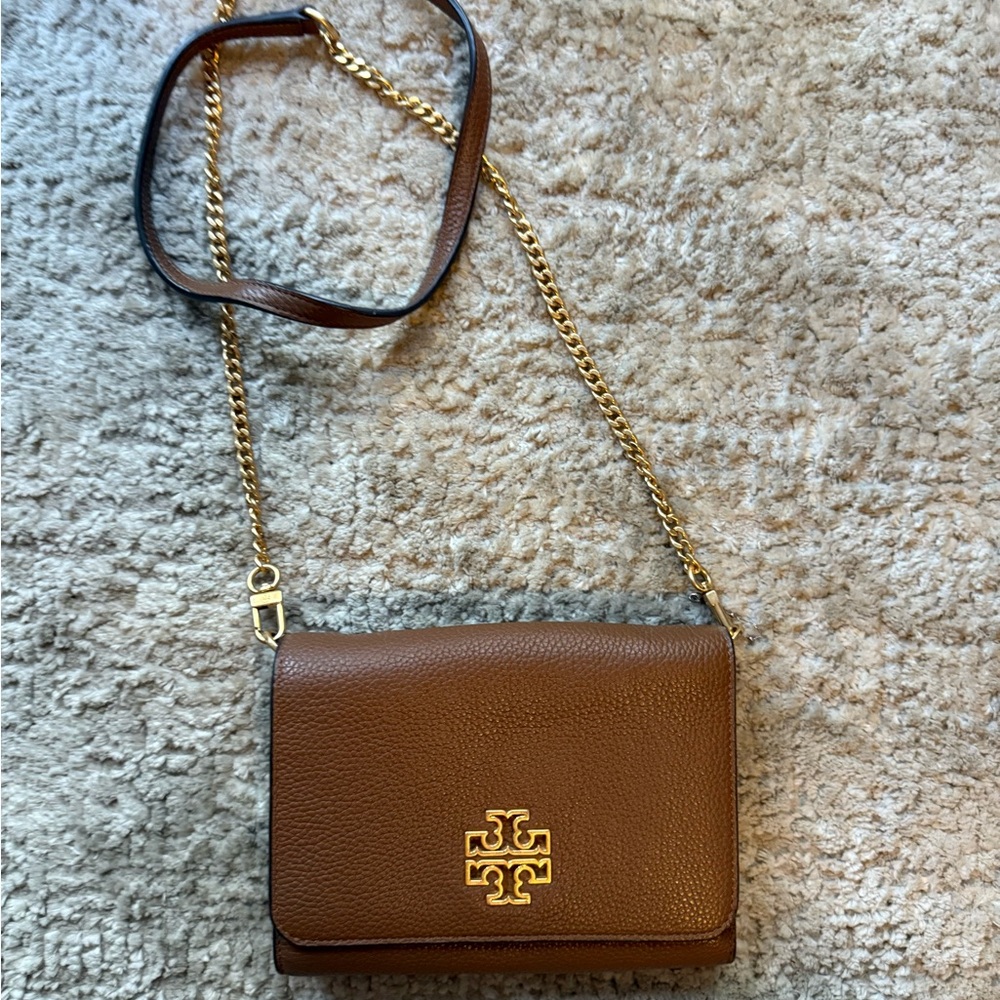Tory Burch Brown Gold Crossbody Bag with Signature Logo